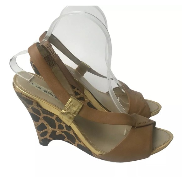 Via Spiga Camel and Gold Leather Slingback Cheetah Print Wedge Heels Size 9M - Picture 3 of 12